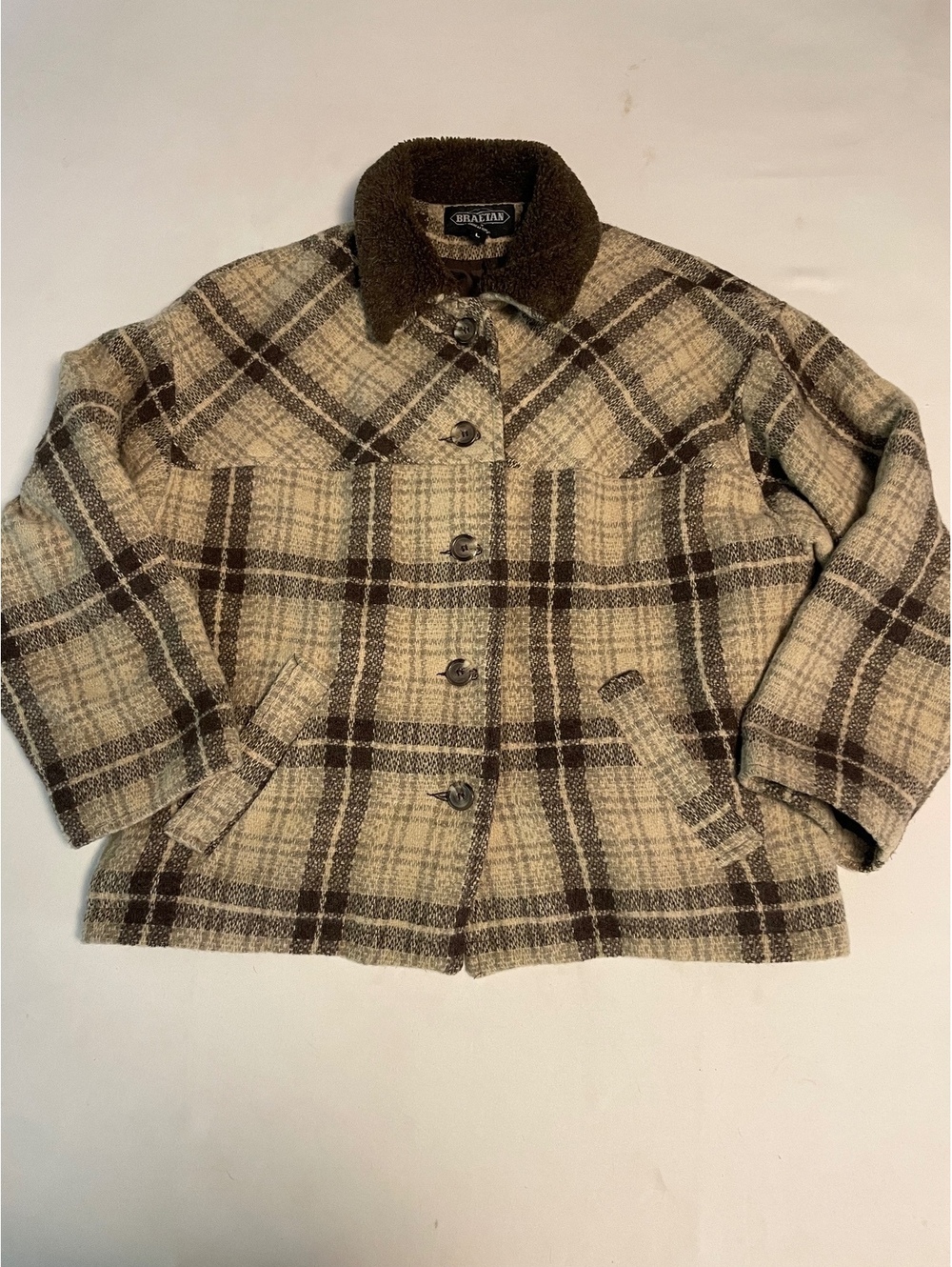 Braetan Women's Wool Blend Plaid Jacket with Faux Fur Collar Size L